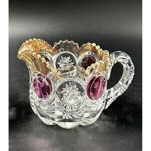 US Glass Cromwell Knobby Bulls Eye Moon and Stars Ruby Gold Trim Creamer 1915